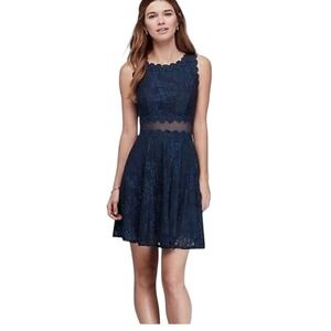 Navy Blue Floral Lace Mesh Waist Fit Flare Cocktail Dress Sleeveless Size 10 #30